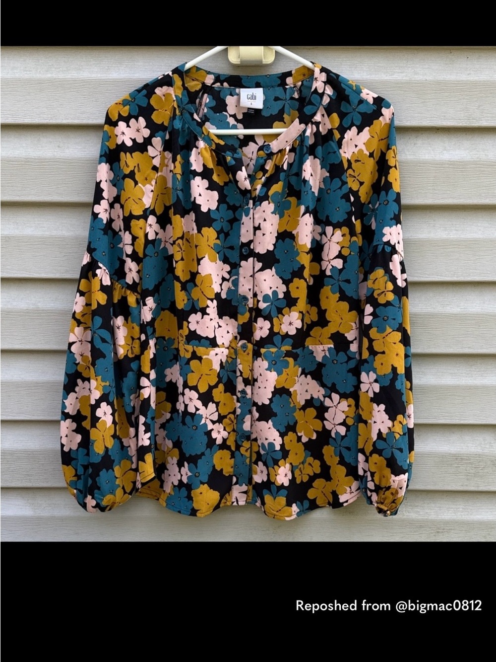 CAbi Floral Button-Front Peplum Blouse in Teal, Mustard & Blush